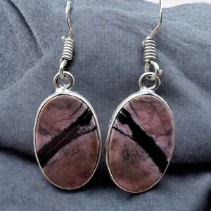 New Rhodonite Stone Silver Overlay Hook Earrings